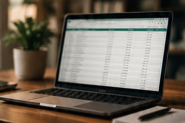 A laptop on a wooden desk showing a spreadsheet