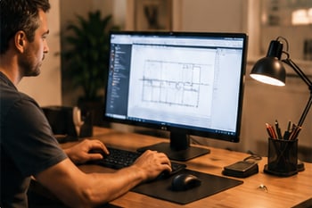 A person at a desk working on a floor plan on a large monitor