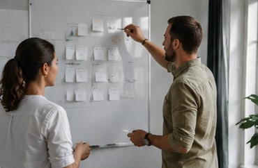 Two people reviewing notes pinned to a whiteboard