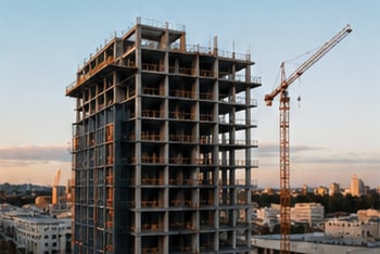 A concrete tower under construction with a crane against an evening sky