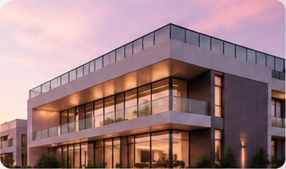 A modern glass building at dusk