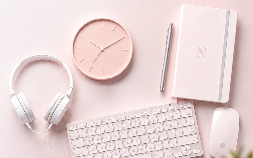 A pale desk with headphones, a clock, a notebook marked N, a keyboard and a mouse
