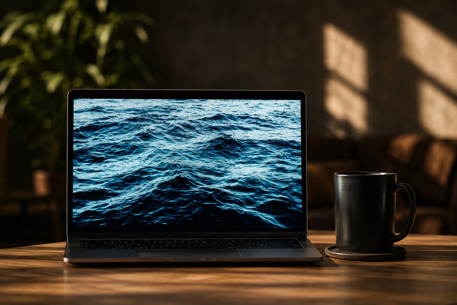 A laptop open on a wooden desk beside a mug, in a room with a plant and afternoon light