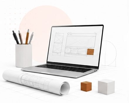 A laptop showing a wireframe beside pens, a rolled drawing and two cubes